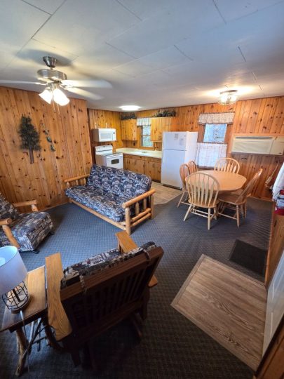 Cozy rustic cabin interior with living and kitchen area