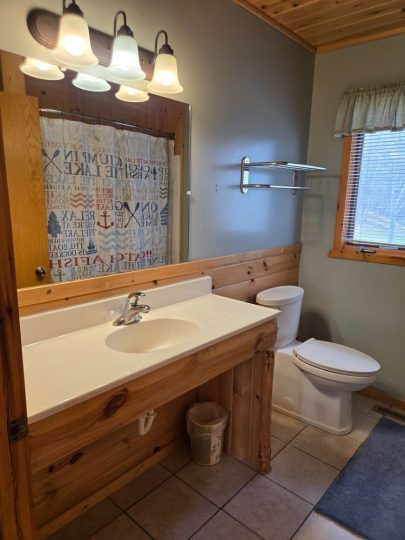 Rustic cabin bathroom with wood vanity and lake-themed decor