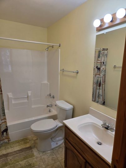 Clean full bathroom with tub, toilet, and wood vanity