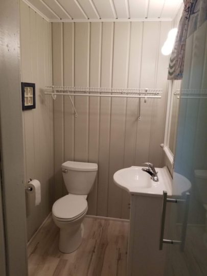 Small bathroom with toilet, sink, and wood panel walls