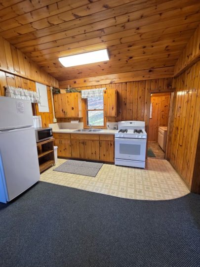 Rustic wood-paneled cabin kitchen with white appliances