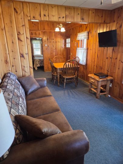 Cozy rustic cabin interior with wood paneling and living area
