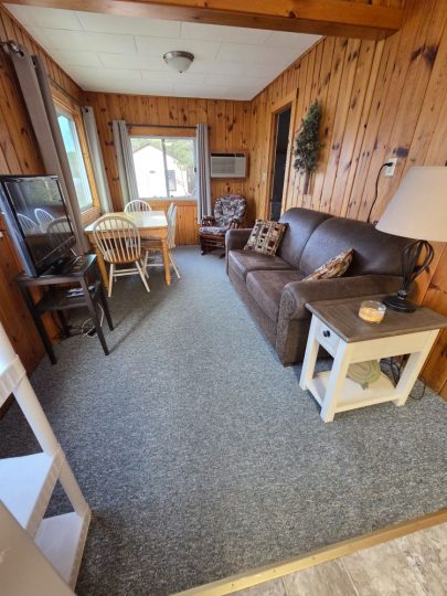Cozy rustic cabin interior with wood paneling and sofa