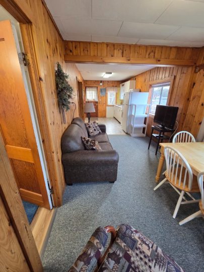 Cozy rustic cabin interior with wood paneling and living area