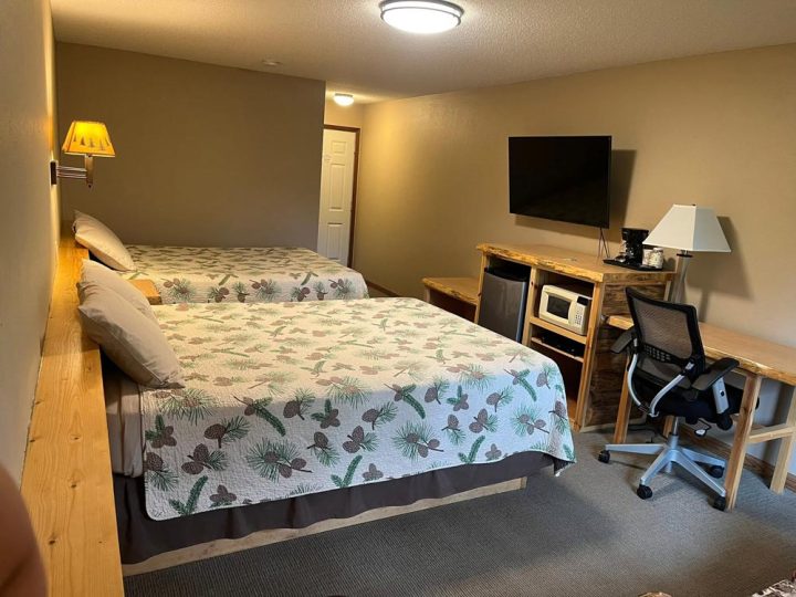 Cozy motel room with two beds and pine cone bedding